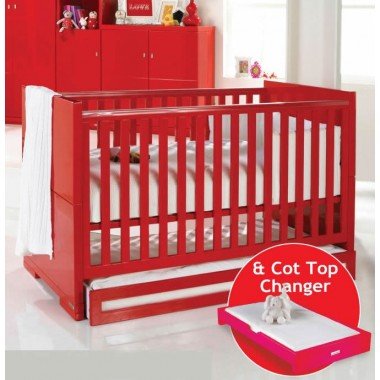 Izziwotnot Skyline Cot Bed-Red + FREE Drawer & FREE Cot Top Changer